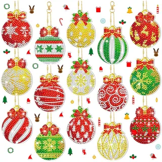 ANFUXT 15 Stück Diamond Weihnachten Anhänger, 5D Diamond Painting für Weihnachten, doppelseitiger Schlüsselanhänger zur Dekoration