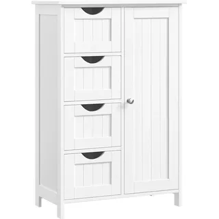 VASAGLE Sideboard Badezimmerschrank, Holz Beistellschrank, Kommode mit 4 Schubladen, Schranktür, verstellbarer Einlegeboden, Wohnzimmer, Küche, Flur - Weiß