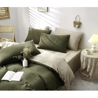 Freyamy Bettwäsche 220x240 cm Grün Dunkelgrün Beige Uni Einfarbig Wendebettwäsche Gewaschene Mikrofaser 3teilig Bettwäsche Set 1 Deckenbezug und 2 Kissenbezug 80x80 cm mit Reißverschlüsse