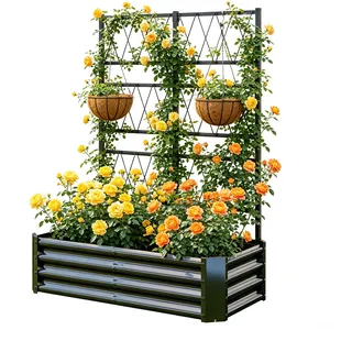 Hochbeet mit Rankgitter, Metall-Pflanzkasten mit Rankgitter, robuster Pflanzkasten für Kletterpflanzen, Gemüse, Tomaten & Blumen,als Sichtschutz für Balkon & Terrasse,121 x 61 x 151 cm,Schwarz