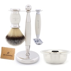Jag Shaving Shaving Kit - Ivory Shaving Set - Shaving Set for Men - and Women - Synthetic Shaving Brush - Double Edge Safety Razor - Shaving Stand - Shaving Bowl - Leather Razor Case