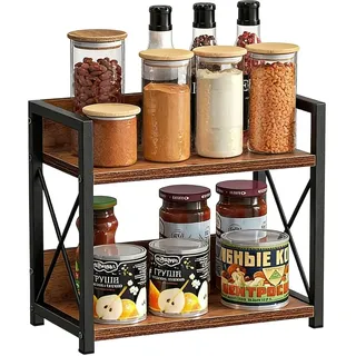 FARYODI Regal Küche Arbeitsplatte, Gewürzregal mit 2 Ebenen, Küchenregal Arbeitsplatte, Holz Küche Aufbewahrung & Organisation, 2 Tier Kleines Küchenregal, Wohnzimmer, Büro, Braun