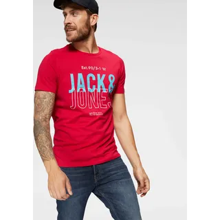 T-Shirt JACK & JONES "JCOKOMPO Kurzarm-Design mit Print und optimaler Passform", Herren, Gr. XL, rot (tango rot), Single Jersey, Obermaterial: 100% Baumwolle, Basic schmal normal, Rundhals, Shirts T-Shirt, Print, modisch, regular fit, Baumwolle, Rundhals