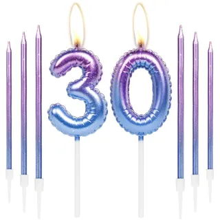 Lila blaue 30th Geburtstag Kerze, Lila Zahl 30 Kerzen für Kuchen, bunte dünne Party Kerzen, Happy Birthday Kerzen Zahl, Lila blaue Kuchen Kerzen Kuchen Toppers für Mädchen Jungen Geburtstag Party