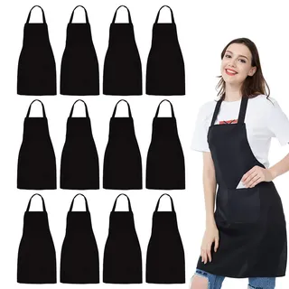 NOBONDO Kochschürze, 12 Stück, Unisex, schwarze Schürzen mit 2 geräumigen Taschen, maschinenwaschbar für Küche, Basteln, Grillen, Zeichnen