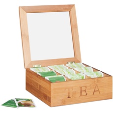 Bild von Teebox Bambus, mit 9 Fächern, quadratische Teekiste, Sichtfenster, für Teebeutel, HBT: 8,5 x 22 x 22 cm, natur