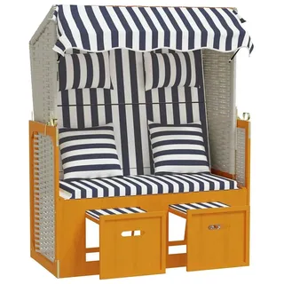 vidaXL Strandkorb mit Kissen Poly Rattan & Massivholz Weiß & Blau - Weiß