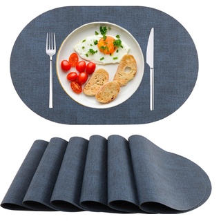 Platzsets Abwaschbar Tischsets 6er Set PU-Leder, Hitzebeständig, rutschfest, Platzset für Esstisch, Küche Oval Dunkel Blau