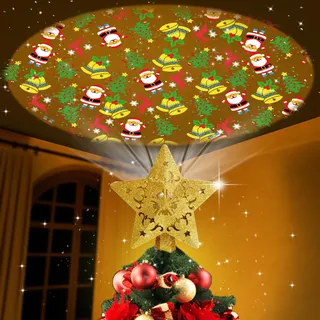Ubrvhrt Weihnachtsbaumspitze Stern Christbaumspitze Beleuchtet mit Eingebauter Projektor Tannenbaumspitze Glitzer Gold Stern Spitze Baumspitze Christbaumkrone für Weihnachtsbaumschmuck, 23 CM Höhe