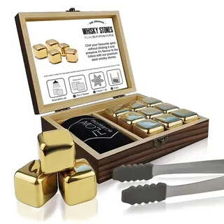 FLOW Barware Gold Whisky-Steine, Geschenk-Set mit Eiszange und Aufbewahrungstasche, Wiederverwendbare Eiswürfel aus Metall, verhindert Verdünnung von Whisky, Rum, Brandy, Wein und Gin Getränken