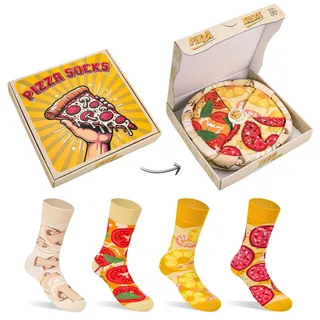 Lustige Pizza Socken Box Damen Teenager Mama Mädchen-Geschenke für Frauen Bunte Lustig Witzige Verrückte Muttertagsgeschenk Socken Motiv Ostern Geschenkideen Weihnachten Geburtstagsgeschenk - 4 Paar