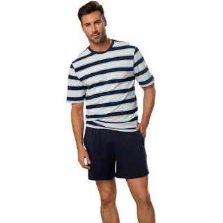Pyjama H.I.S, Herren, Gr. 44/46 (S), bunt (navy, beige, navy, hellblau, gestreift), Jersey, Obermaterial: 100% Baumwolle, gestreift, Basic, bequem kurz, Rundhals, abgesteppte Kante, Homewear-Sets Pyjama, Schlafanzug in schöner Streifenoptik