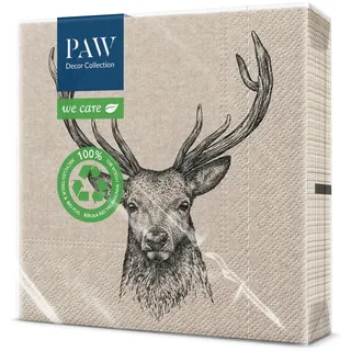 Paw Decor Collection PAW - Servietten 3-lagig (33 x 33 cm) I 20 Stück I Perfekt für Geburtstage, Partys, Kommunion und Feiern I Papierservietten mit Natur Motiv I Umweltschutz, Hirsch I Deer