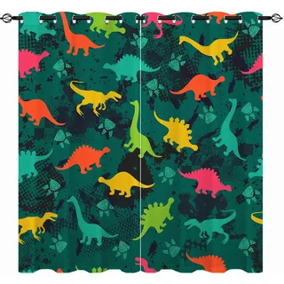YUANZU Dinosaurier Vorhänge Kinder Jungen Dino Tier Ösen Gardinen mit Blickdichte Thermo Vorhang Kälteschutz Blackout Curtain Kinderzimmer Schlafzimmer Verdunkelung Fenster, 2 Stück, H 160 x B 132 cm
