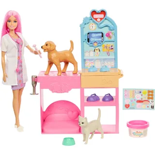 Barbie Gute Besserung“ Tierkrankenstation-Spielset aus Modepuppe mit rosa gefärbten Haaren, Tierarzt-Möbeln und mehr als 10 Zubehörteilen, einschließlich Förmchen und Knete zum Bandagieren, JFX93
