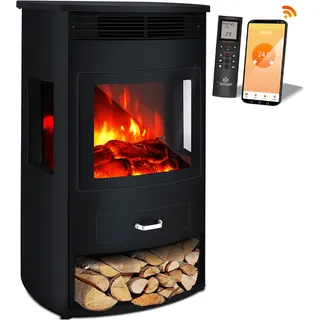 KESSER® Prio Elektrokamin mit Heizung Heizlüfter Fernbedienung WiFi App 950/1900 W Kamin elektrisch LED-Flammeneffekt Kaminfeuer mit Thermostat Panorama-Sichtfenster Heizfunktion Timer