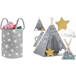 Nukido Spielzeug-Organizer (35x45x60 cm, Grau mit Sternchen) – vielseitiger Korb für Spielzeug & Wäsche. Nukido Kinder Tipi-Zelt im Montessori-Stil – aus Naturmaterialien