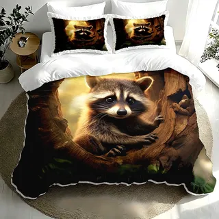 Quiietyit Waschbär im Baumloch Bettwäsche Set 3-Teilig, 200x200CM Waldtiere Weiche Bettbezug mit 2 Kissenbezügen 2x50x75CM, für Kinder, Teenager, Tierliebhaber, Atmungsaktiv & Pflegeleicht
