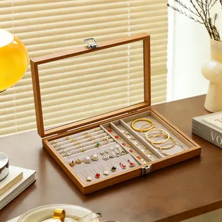 VirtuGro Schmuckkästchen Holz Schmuckaufbewahrung Massivholz Jewelry Organizer mit Transparenter Abdeckung Schmuckschatulle für Damen Schmuckbox Vintage Geschenke für Ohrringe Halsketten Ringe