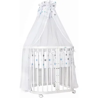 Waldin Babybett Kinderbett 7in1 mit Matratze, mitwachsendes Kinder-Bett,Stoffe Sterne blau,Holz weiß - Blau