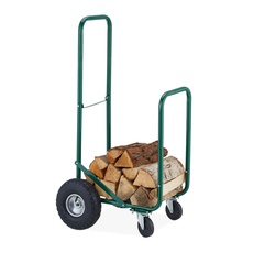 Relaxdays Kaminholzwagen mit Luftreifen, 360° Rollen, Holzwagen bis 60 kg, für 33 cm Scheite, Brennholz-Sackkarre, grün, Stahl, Gummi