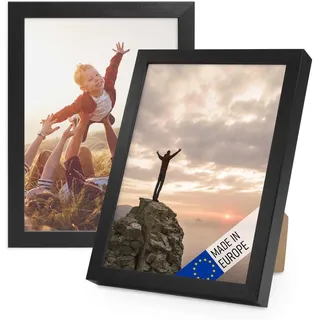 PHOTOLINI Bilderrahmen Holz 13x18 Schwarz, Holzbilderrahmen Made in EU, 2er Set, bruchsicheres Acrylglas, zum Aufhängen & Aufstellen, extra Zubehör - für Ihre liebsten Fotos & Bilder