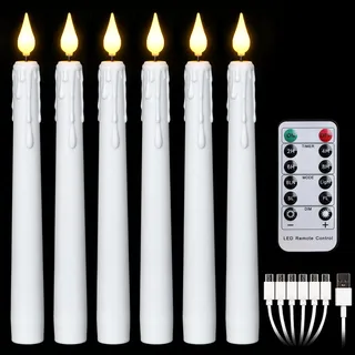 FREEPOWER 6er Weiß LED Stabkerzen Aufladbar mit Fernbedienung Timer, USB Type-C Wiederaufladbare Kerzen Elektrische Flammenlose Tafelkerzen Flackern Warmweiß Dimmbar, Kunststoff, 2x21cm