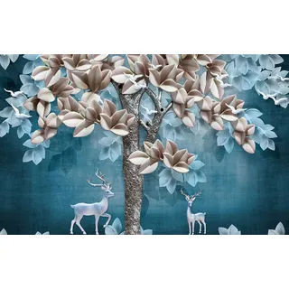 Papermoon Fototapete »Muster mit Blumen und Hirschen«, bunt