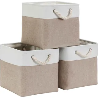 Aufbewahrungsbox 33x33x33 cm, Aufbewahrungskorb mit Griff, Aufbewahrung Korb Stoff für Regal, Schrank, Kallax, und Kleidung (Faltbare, Helles Khaki Weiß, 3er Set)