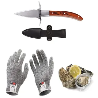 Kaqisen Austernmesser Oyster Knife Set Austernöffner Schnittfeste und Handschuhe für Muscheln Oder Hartkäse Geeignet Holzgriff Edelstahl (Rot, Grande/L)