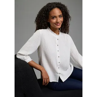Rüschenbluse KANGAROOS, Damen, Gr. 42, weiß (off, weiß), Web, Obermaterial: 100% Baumwolle, bequem hüftlang, Rundhals, Rüschen, Blusen Rüschenbluse, Musselin, mit 3/4-Ärmeln, mit Rüschen am Ärmelabschluss, Topseller