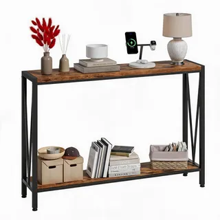 IDEALHOUSE Schmaler Konsolentisch 109 cm, 2 Ebenen Mit Ablage– v-Gestell | Konsolentisch mit Ablage, Industrial Metall/Holzoptik für Flur & Wohnzimmer
