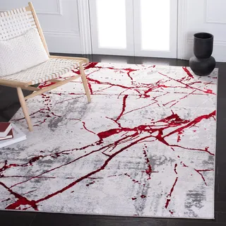 SAFAVIEH Zeitgenössische Teppich für Wohnzimmer, Esszimmer, Schlafzimmer - Amelia Collection, Kurzer Flor, Grau und Rot, 135 X 196 cm