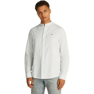 Tommy Jeans Herren Hemd Linen Mix ohne Kragen, Weiß (Ecru Stripes), XL