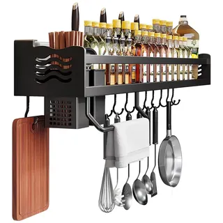 lesulety Gewürzregal Wand Ohne Bohren Hängend Schwarz Zum Kleben Gewürz Organizer Regal Gewürzregal Mit Haken, Messerschlitz Und Papierrollenhalter (Schwarz, 40CM)