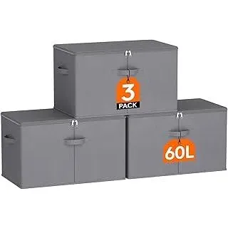 Lifewit 60L Aufbewahrungsbox mit Deckel, Faltbare Aufbewahrungsboxen aus Vliesstoff mit Griff, Faltbox Schrank Organizer, Kleideraufbewahrung, Grau, 56 x 32 x 33 cm, 3er-Pack
