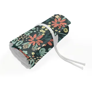 ABAKUHAUS Blumen Mäppchen Rollenhalter, Doodle Retro-Stil, langlebig und tragbar Segeltuch Stiftablage Organizer, 72 Schlaufen, Teal Seafoam Coral