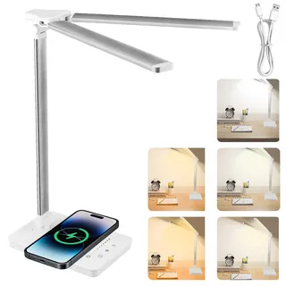 Dual Swing Arm LED Schreibtischlampe - Schreibtischlampe LED 10W Dimmbar mit Augenschutz, 5 Farben 10 Helligkeitsstufen mit Ladefunktion Timer-Funktion Memory Lesemodus Tischlampe Büro Arbeit Lektüre