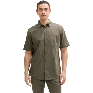 Tom Tailor Regular Fit Leinenhemd mit kurzem Arm, Oliv, L