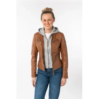 Lederjacke MAURITIUS "NOLA", Damen, Gr. M/38, braun (cognac), Obermaterial: 100% Schafsleder. Futter: 100% Baumwolle. Kapuze: 55% Polyester, 45% Baumwolle. Ärmelfutter: 100% Polyester, kontrastfarbene Details, sehr figurbetont kurz, Rundhals, 2-Naht-Ärmel mit Reißverschluss, Jacken Lederjacke, Two-in-One Style - mit abnehmbarer Jersey-Kapuze, Topseller