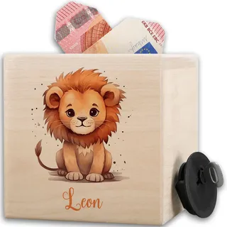 Shirtracer Spardose Holz personalisiert Süßer Löwe mit Name | Holz, 10x10cm, König der Tiere, Savanne, Familie, Zusammenhalt, Taschengeld, Wunscherfüller, Sparbox, Geldgeschenk