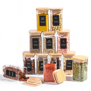 ComSaf Gewürzgläser mit Etiketten 240 ml 12 Stück, Gewürzgläser Eckig mit Holzdeckel Glas, Gewürzdosen Luftdicht, Gewürzbehälter, Gewürzstreuer