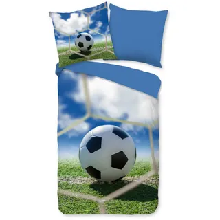Good Morning Kinderbettwäsche »Maurits« 2 Stk., tlg. Baumwolle, Renforcé, Wendeoptik, Kind, Junge, Fußball, blau
