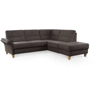 CAVADORE Ecksofa Wyk mit Federkern / Eckcouch im Landhaus-Stil mit Ottomane und Holzfüßen / 238 x 90 x 213 / Jacquard, Braun