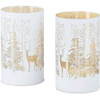 2er Set LED Windlicht H13cm Lichterkette Deko Glas Wald Weihnachten Tischdeko - Weiß