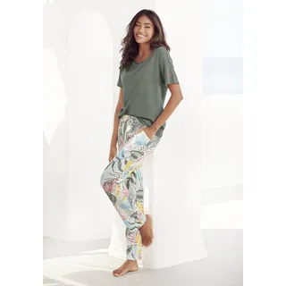 Pyjama, Damen, Gr. 36/38, grün (khaki, gemustert), Single Jersey, Obermaterial: 50% Baumwolle, 50% Viskose, VIVANCE DREAMS BY LASCANA, gemustert, loose fit lang, Rundhals, Homewear-Sets Pyjama, mit floralem Druck, Topseller