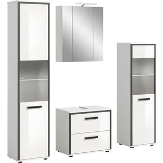 xonox.home - 4tlg. Kombination Kojak Badezimmerkombination in Front weiß Hochglanz Tiefzieh Korpus weiß Melamin - Badmöbelset - modern und funktional inkl. Beleuchtung