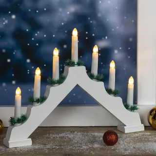 mucHome Holz Schwibbogen Lichterbogen 42cm mit 7 LED Kerzen und Timer aus Holz Weihnachtsdeko mit Beleuchtung - Kerzenbogen für Fenster, batteriebetrieben Adventsleuchter (Weiß)