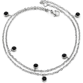 COOLSTEELANDBEYOND Zweireihige Edelstahl Gliederkette Damen-Fußkette Fußkettchen mit Baumelnde Kreis Charme von Schwarz Zirkonia