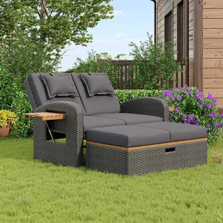Rattan Gartenlounge Set 2 Personen verstellbarer Loungesessel mit Fußhocker Stauraum Akazienholz Kissen Outdoor Bett Liegefunktion Gartenmöbel Grau - Grau